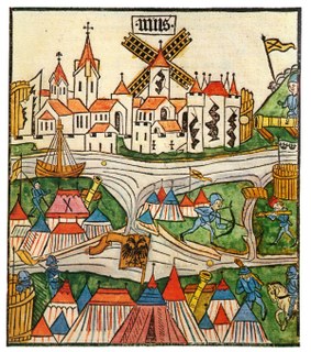 Die Stadt Neuss mit Windmühle und Obertor während der Belagerung durch die Truppen Karls den Kühnen 1474/75
