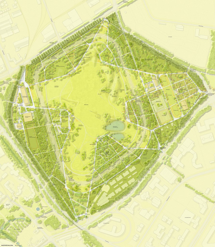 Illustration des Areals der Landesgartenschau 2026 aus der Vogelperspektive.