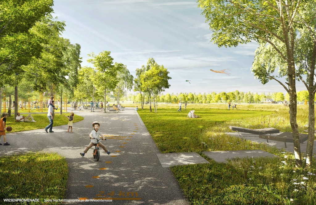 Illustration der Wiesenpromenade des Bürgerparks. Man sieht junge Familien mit Kindern an einem sonnigen Tag, im Hintergrund ist ein Spielplatz angedeutet.