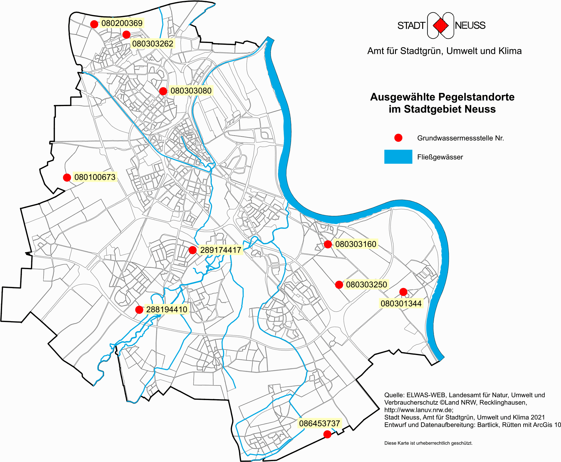 Karte der Pegelstandorte im Stadtgebiet Neuss 2022