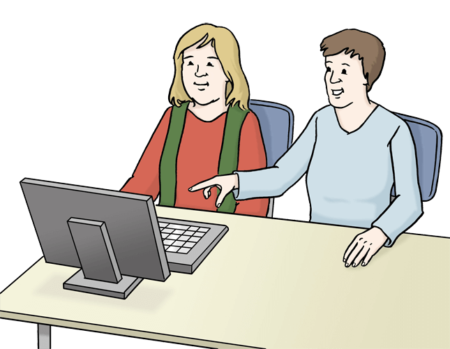Eine Frau zeigt einer anderen Frau etwas am Computer.