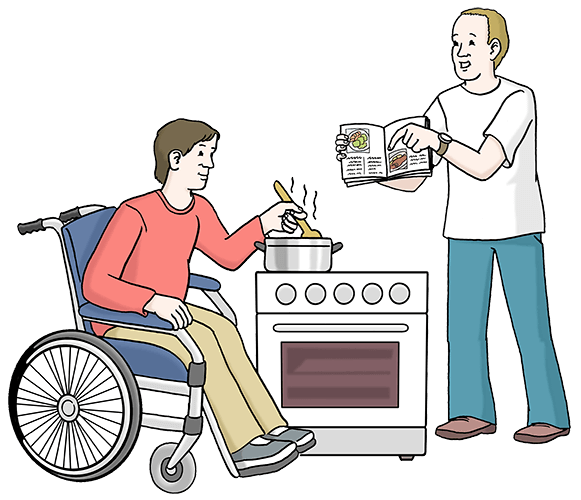 Zwei Männer kochen zusammen. Der eine Mann zeigt ein Koch-Buch. Der andere Mann rührt mit einem Löffel in einem Topf. Er sitzt im Rollstuhl.