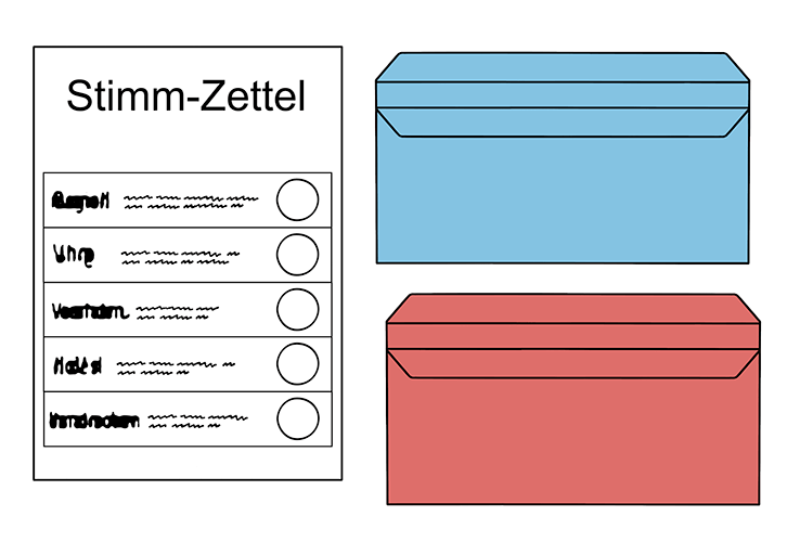 Stimm-Zettel mit 2 farbigen Brief-Umschlägen.