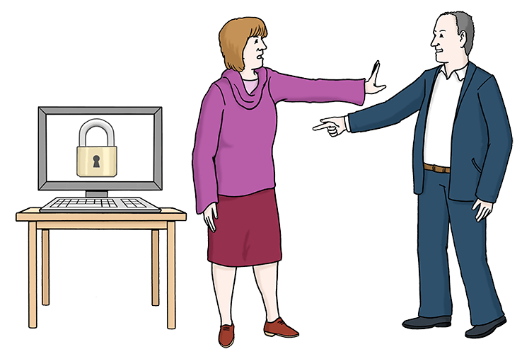 Datenschutz: Eine Frau lässt einen Mann nicht an einen Computer. Auf dem Computer-Bildschirm sieht man ein Schloss. Das bedeutet: Der Inhalt ist geheim. Die Daten sind geschützt.