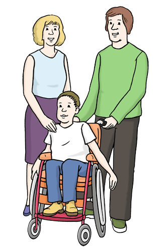 Eltern mit Kind. Das Kind sitzt im Rollstuhl.