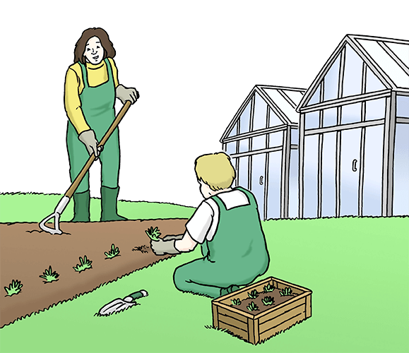 Ein Mann und eine Frau arbeiten in einem Feld. Hinter ihnen sind zwei Gewächs-Häuser für Obst und Gemüse.