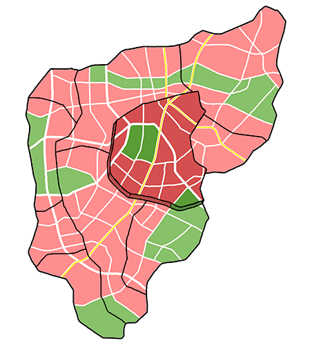 Karte von einer Stadt mit Stadt-Teilen.