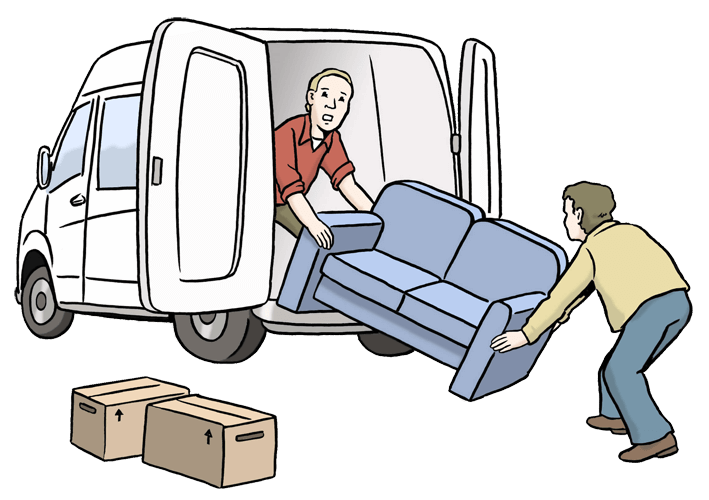 Personen packen einen Möbelwagen weil sie umziehen.