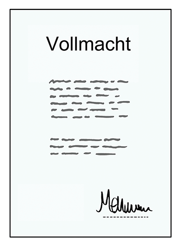 Papier mit der Aufschrift Vollmacht, Text und Unterschrift.