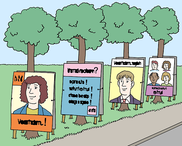 Straße mit Wahlplakaten.