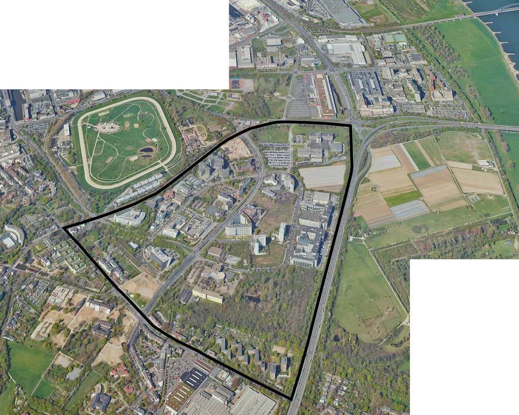 Luftbild mit eingezeichneter Grenze des Quartiers.